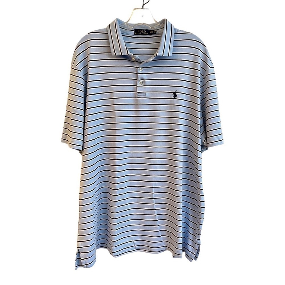 RALPH LAUREN POLO, NWOT, LIGHT BLUE WITH NAVY STRIPE SHORT SLEEVE SHIRT.SIZE XXL